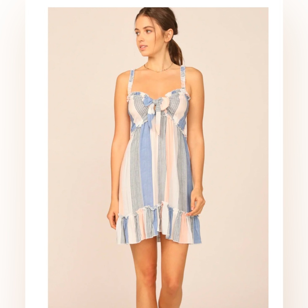 Ocean Drive summer dress Size Large blue pink and white sweetheart tie neck line